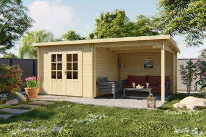 Blokhut - Tuinhuis Chappo | lessenaarsdak | 28 mm | 598 x 300 x 217 cm | vuren