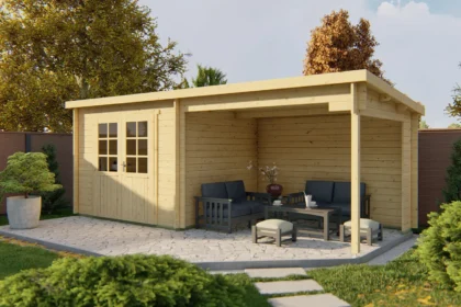 Blokhut - Tuinhuis Freddy | lessenaarsdak | 28 mm | 598 x 250 x 217 cm | vuren