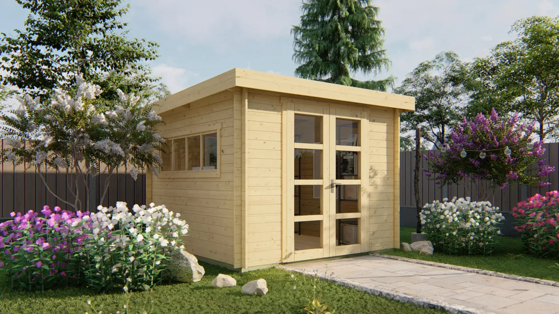 Blokhut - Tuinhuis Bodine | plat dak | 28 mm | 298 x 298 x 225 cm | vuren