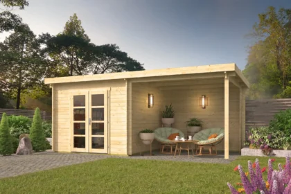 Blokhut - Tuinhuis Hasse | lessenaarsdak | 28 mm | 298 x 298 x 225 cm | vuren