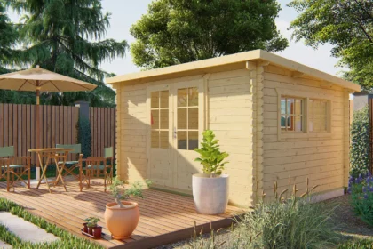 Blokhut - Tuinhuis Loya | lessenaarsdak | 28 mm | 380 x 300 x 217 cm | vuren