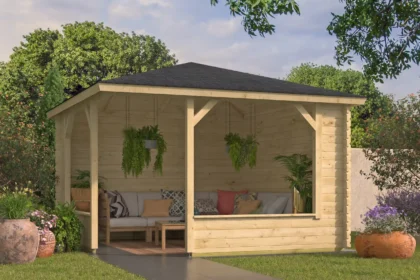 Blokhutprieel Mitch | puntdak | 28 mm | 350 x 350 x 269 cm | vuren