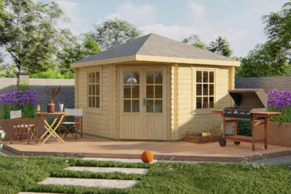 Blokhut - Tuinhuis Nilsson | puntdak | 44 mm | 350 x 350 x 298 cm | vuren