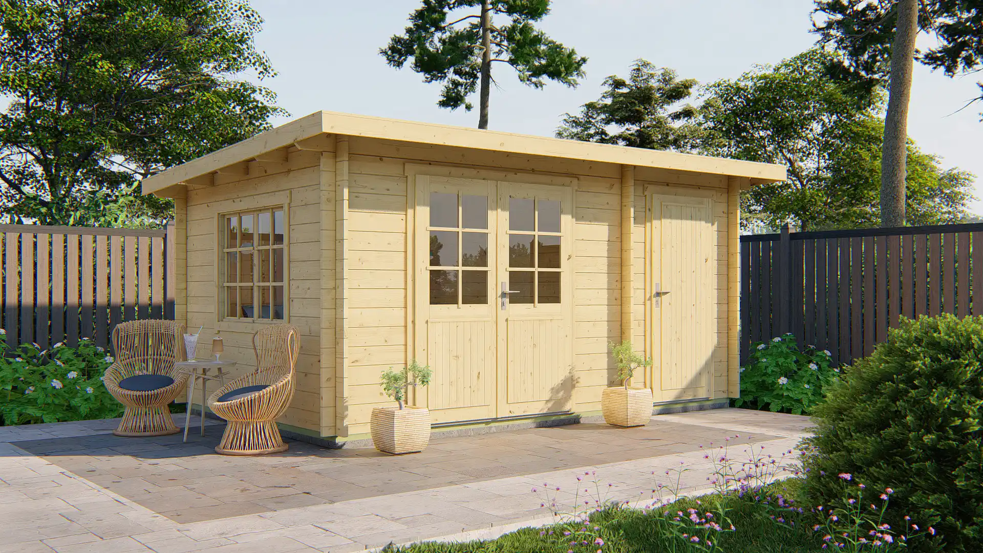 Blokhut - Tuinhuis Santander | lessenaarsdak | 34 mm | 450 x 300 x 216 cm | vuren