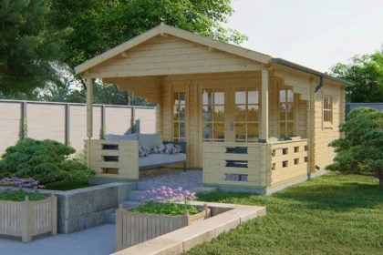 Blokhut - Tuinhuis Sanstrov | zadeldak | 44 mm | 380 x 320 x 270 cm | vuren