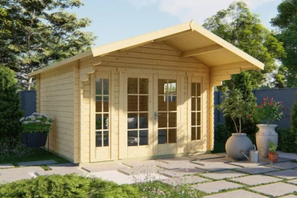 Blokhut - Tuinhuis Sören | zadeldak | 44 mm | 380 x 380 x 263 cm | vuren