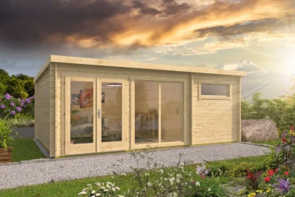 Blokhut - Tuinhuis Flow 2.0 | lessenaarsdak | 40 mm | 595 x 400 x 223 cm | vuren | onbehandeld