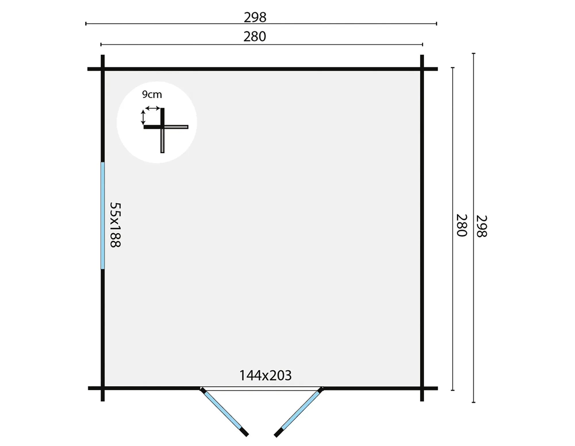 Blokhut - Tuinhuis Bodine | plat dak | 28 mm | 298 x 298 x 225 cm | vuren - Afbeelding 2