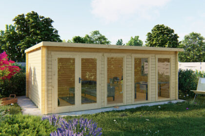 Blokhut - Tuinhuis Gabriella | lessenaarsdak | 58 mm | 595 x 400 x 230 cm | vuren