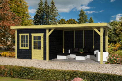 DHZ Plat dak Leuven, zwart gespoten vuren, 300 x 300+390 cm