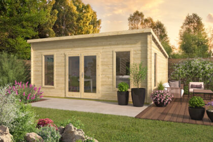 Blokhut - Tuinhuis Calpe | lessenaarsdak | 44 mm | 595 x 480 x 270 cm | vuren | onbehandeld